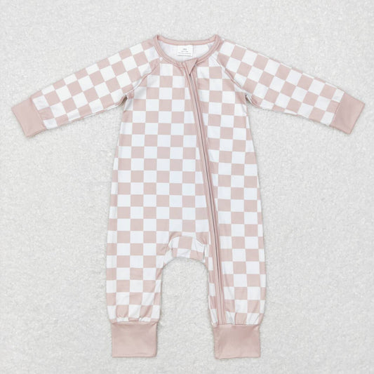LR0809 Khaki Plaid Print Baby Kids Sleeper Zipper Romper