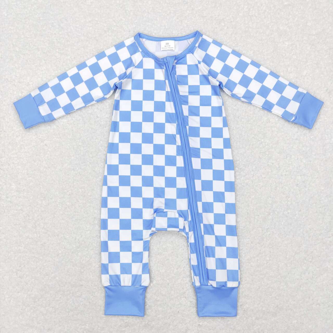 LR0811 Blue Plaid Print Baby Kids Sleeper Zipper Romper