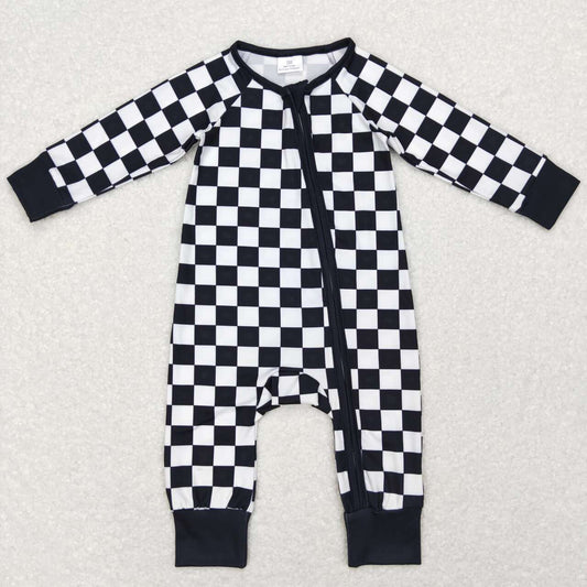LR0812 Black Plaid Print Baby Kids Sleeper Zipper Romper