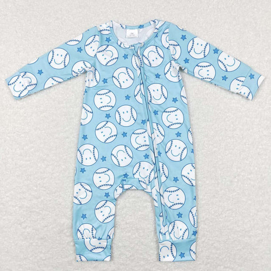 LR0824 Blue Baseball Print Baby Boys Sleeper Zipper Romper