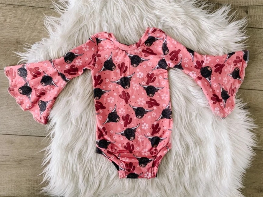 (Pre-order)LR0840 Highland Cow Flowers Print Baby Girls Romper