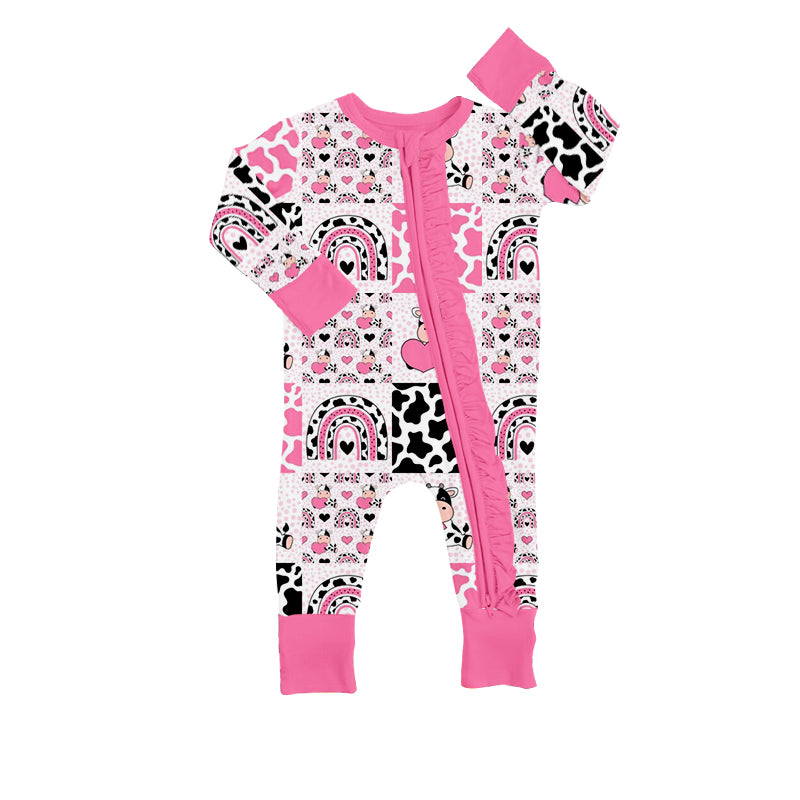 (Pre-order)LR0843 Pink Cow Heart Rainbow Print Baby Girls Valentine's Romper