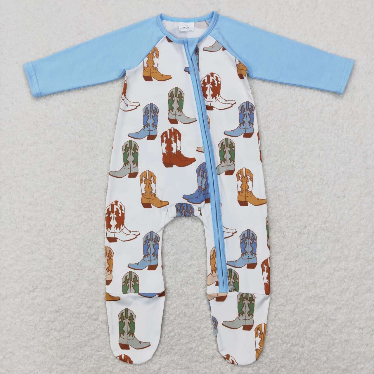 LR0853 Blue Boots Print Baby Boys Zipper Romper