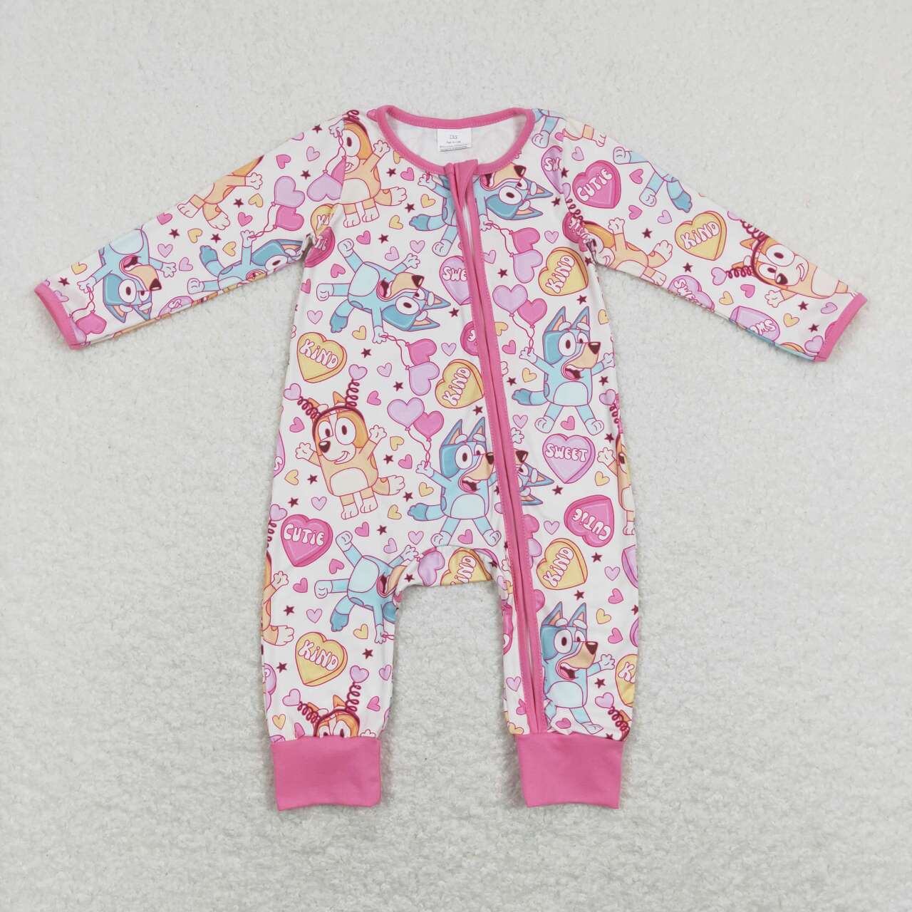 LR0886 Cartoon Dog Heart Print Baby Girls Valentine's Zipper Romper