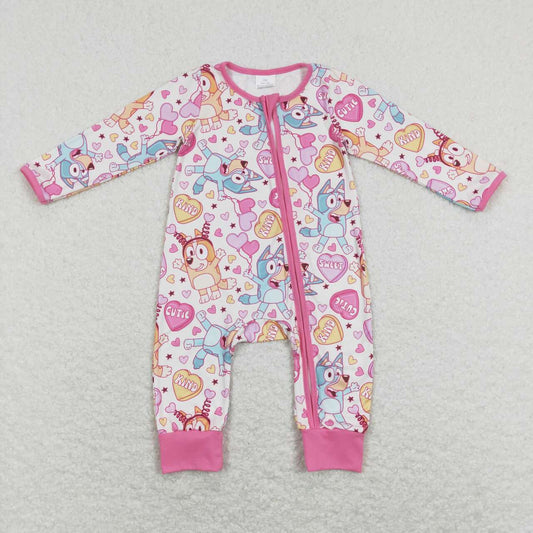 LR0886 Cartoon Dog Heart Print Baby Girls Valentine's Zipper Romper