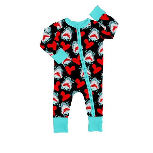 (Pre-order)LR0891 Love Bites Shark Heart Print Baby Boys Valentine's Zipper Romper