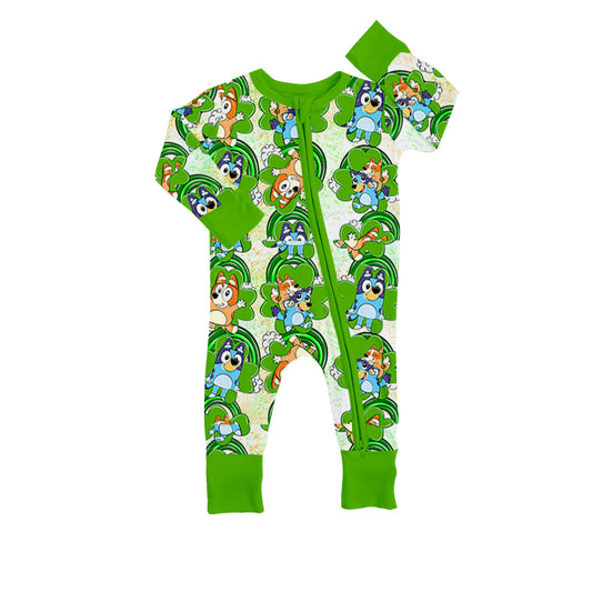 (Pre-order)LR0894 Green Quatrefoil Cartoon Dog Print Baby Girls Pink St. Patrick's Romper