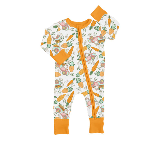 (Pre-order)LR0897  Truck Carrot Print Baby Girls Easter Zipper Romper