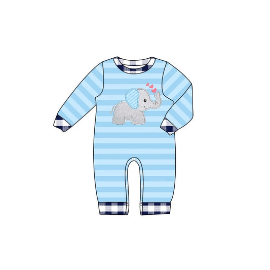 (Pre-order)LR0902  Elephant Blue Stripes Print Baby Boys Romper