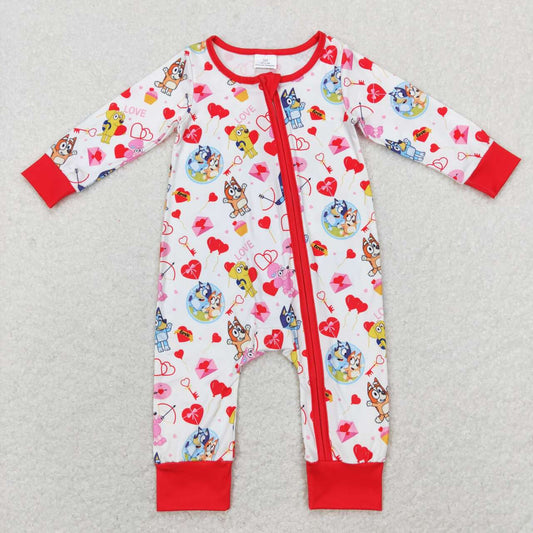 LR0908  Cartoon Dog Heart Print Baby Girls Valentine's Zipper Romper