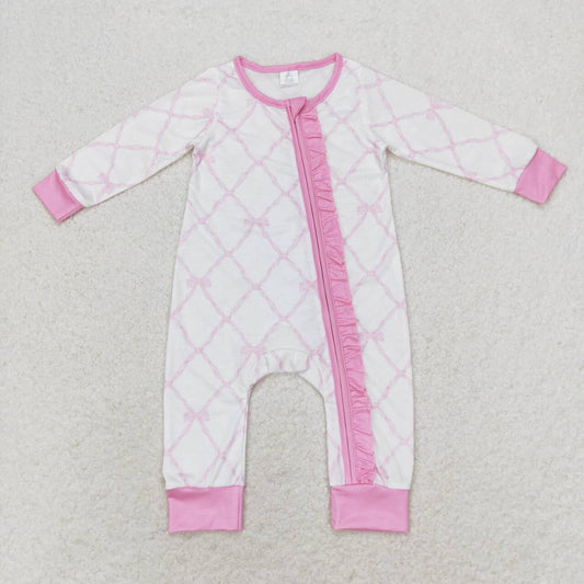 LR0921 Pink Bows Print Baby Girls Bamboo Zipper Sleeper Romper