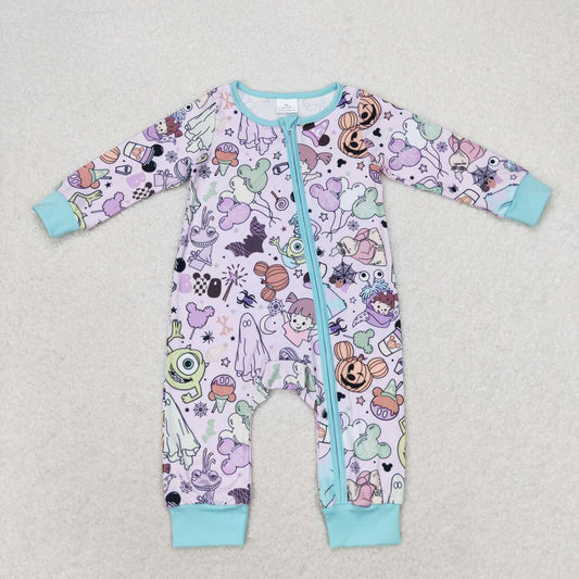 LR0969 Cartoon Monster Print Baby Girls Fall Sleeper Zipper Romper