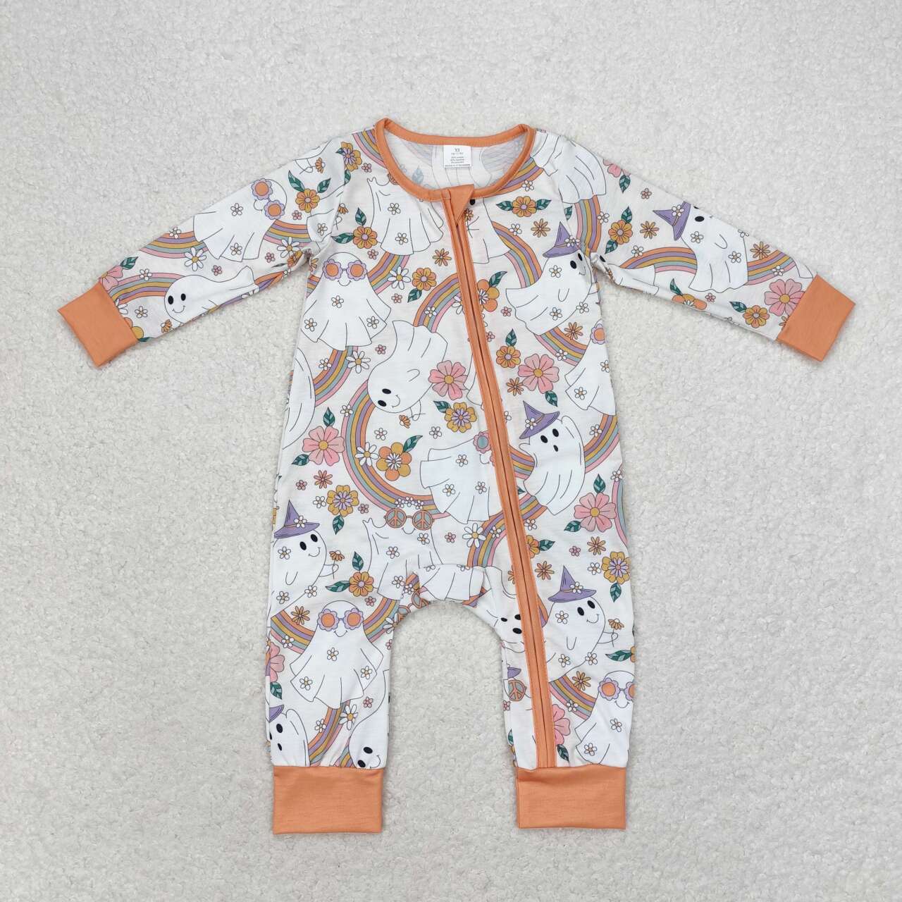 LR0980 Flowers Ghost Rainbow Print Baby Girls Bamboo Halloween Sleeper Zipper Romper