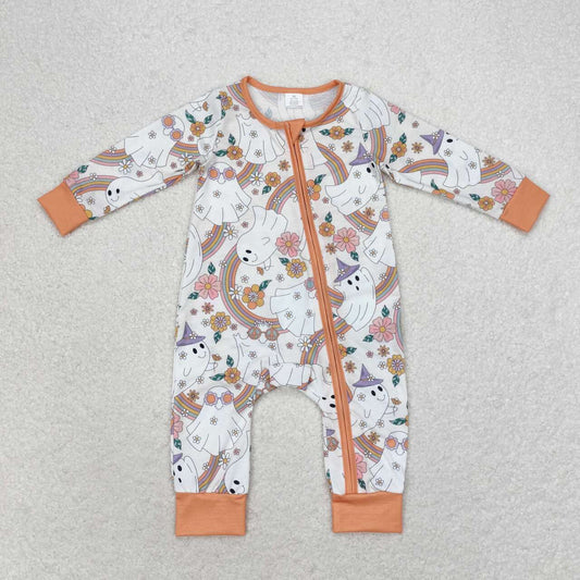 LR0980 Flowers Ghost Rainbow Print Baby Girls Bamboo Halloween Sleeper Zipper Romper