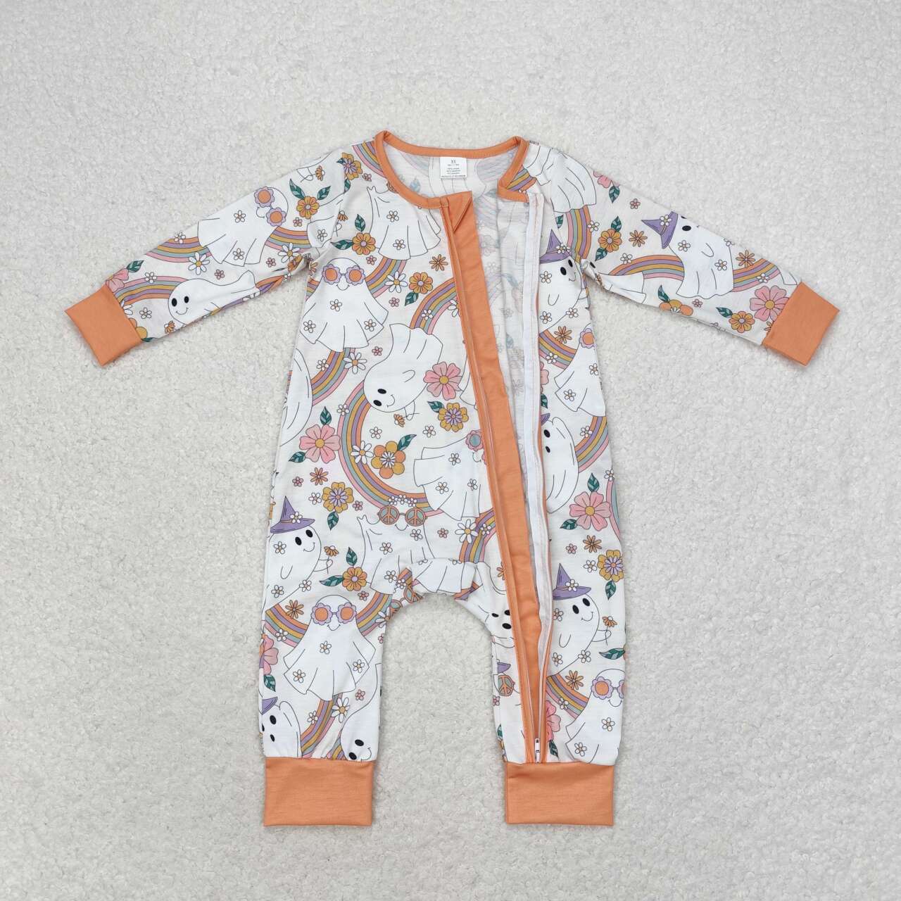 LR0980 Flowers Ghost Rainbow Print Baby Girls Bamboo Halloween Sleeper Zipper Romper