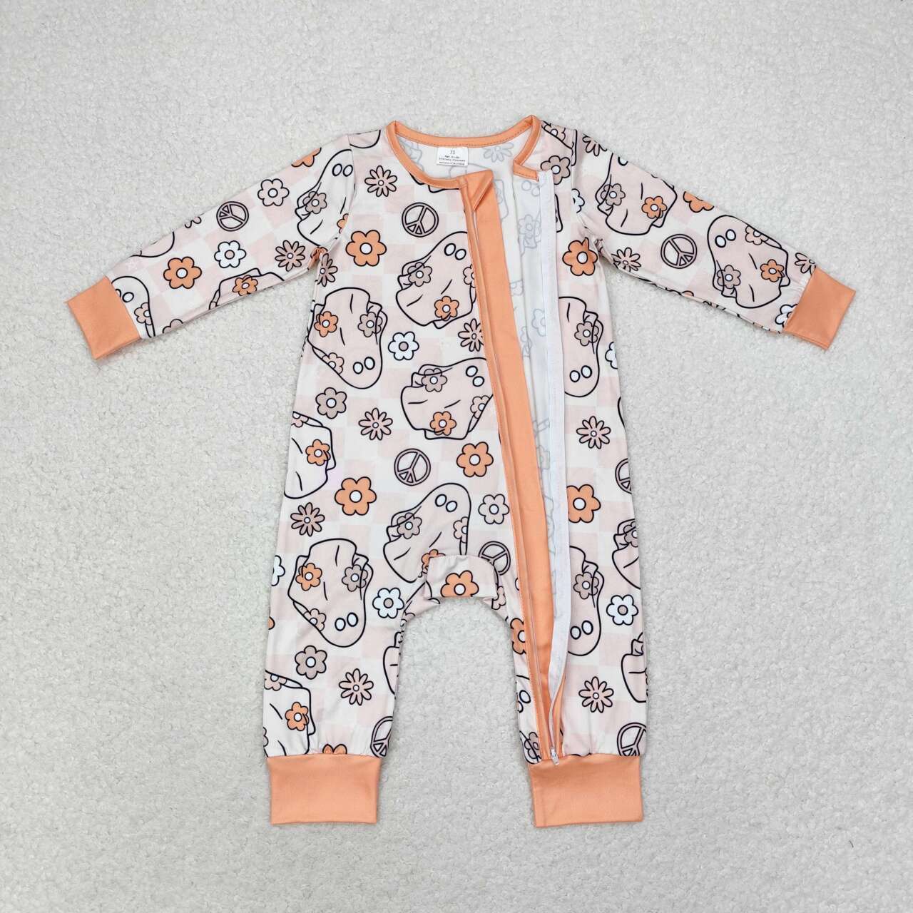 LR0981 Flowers Ghost Print Baby Girls Halloween Sleeper Zipper Romper