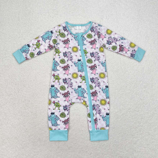 LR0988 Cartoon Monster Print Baby Girls Bamboo Sleeper Zipper Romper