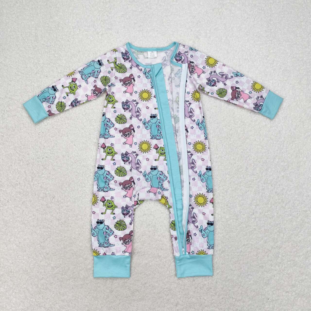 LR0988 Cartoon Monster Print Baby Girls Bamboo Sleeper Zipper Romper