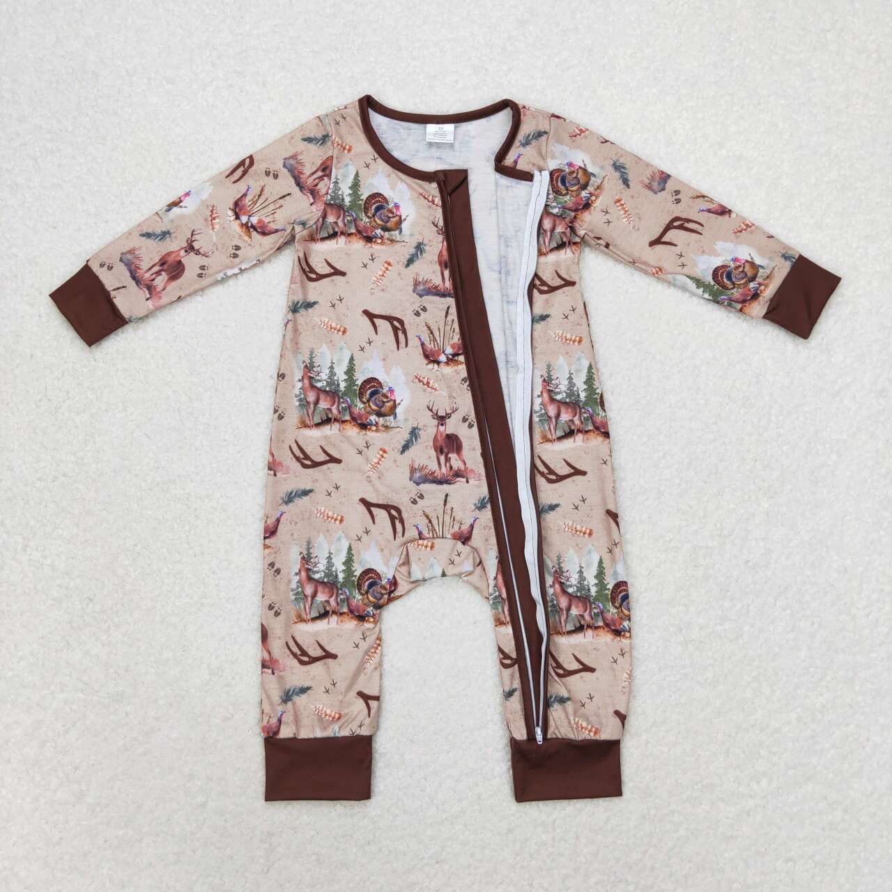 USA-Shop LR1014 Deer Turkey Hunting Print Baby Fall Bamboo Sleeper Zipper Romper