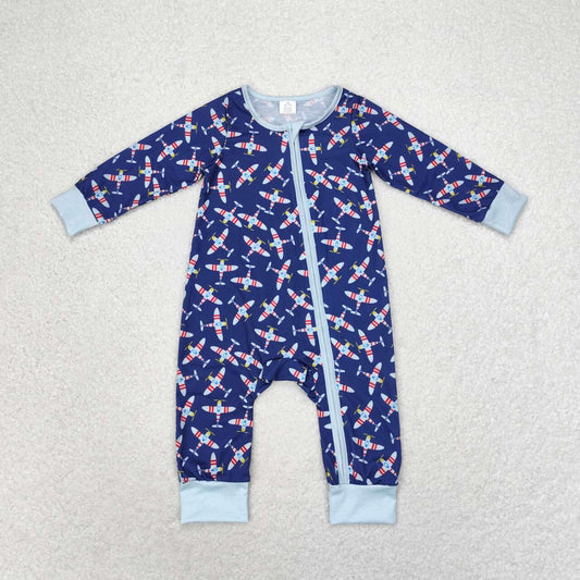LR1024 Plane Print Baby Boys Bamboo Fall Sleeper Zipper Romper