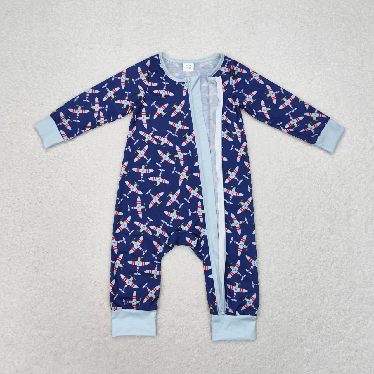 LR1024 Plane Print Baby Boys Bamboo Fall Sleeper Zipper Romper