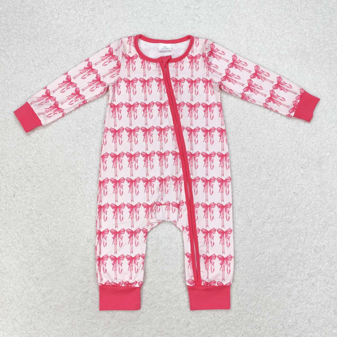 LR1035 Pink Bows Print Baby Girls Fall Sleeper Zipper Romper