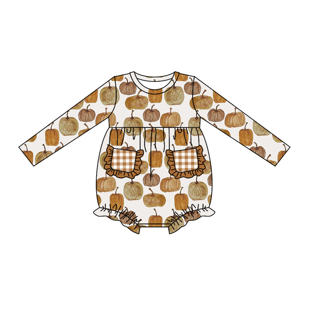 (Pre-order)LR1045 Pumpkin Print Pockets Baby Girls Fall Romper