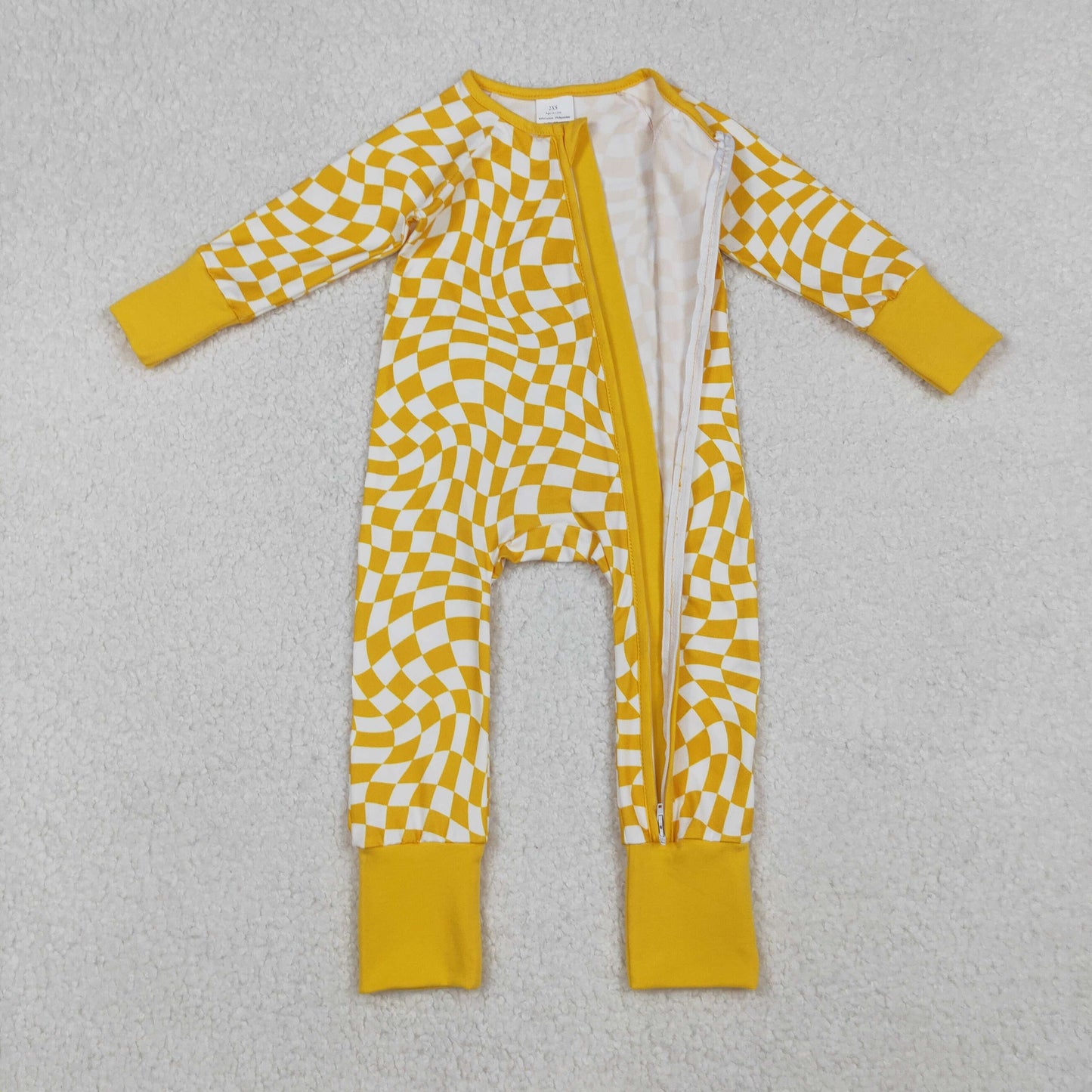 LR1089 Yellow Plaid Print Baby Girls Fall Sleeper Zipper Romper