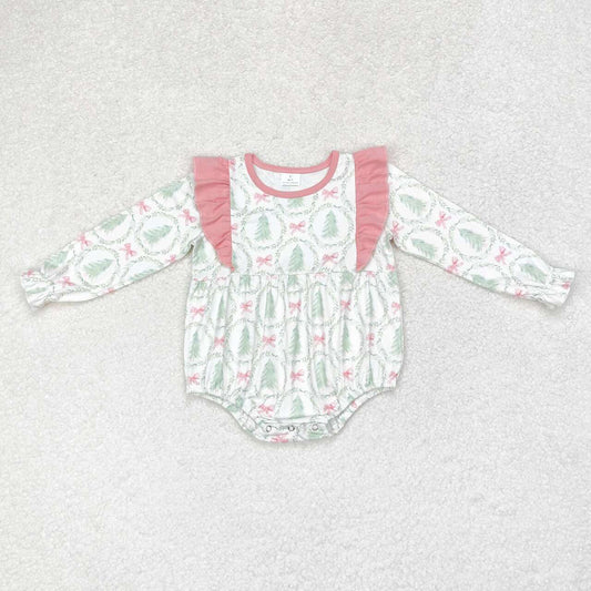 LR1105 Christmas Tree Bows Print Baby Girls Romper