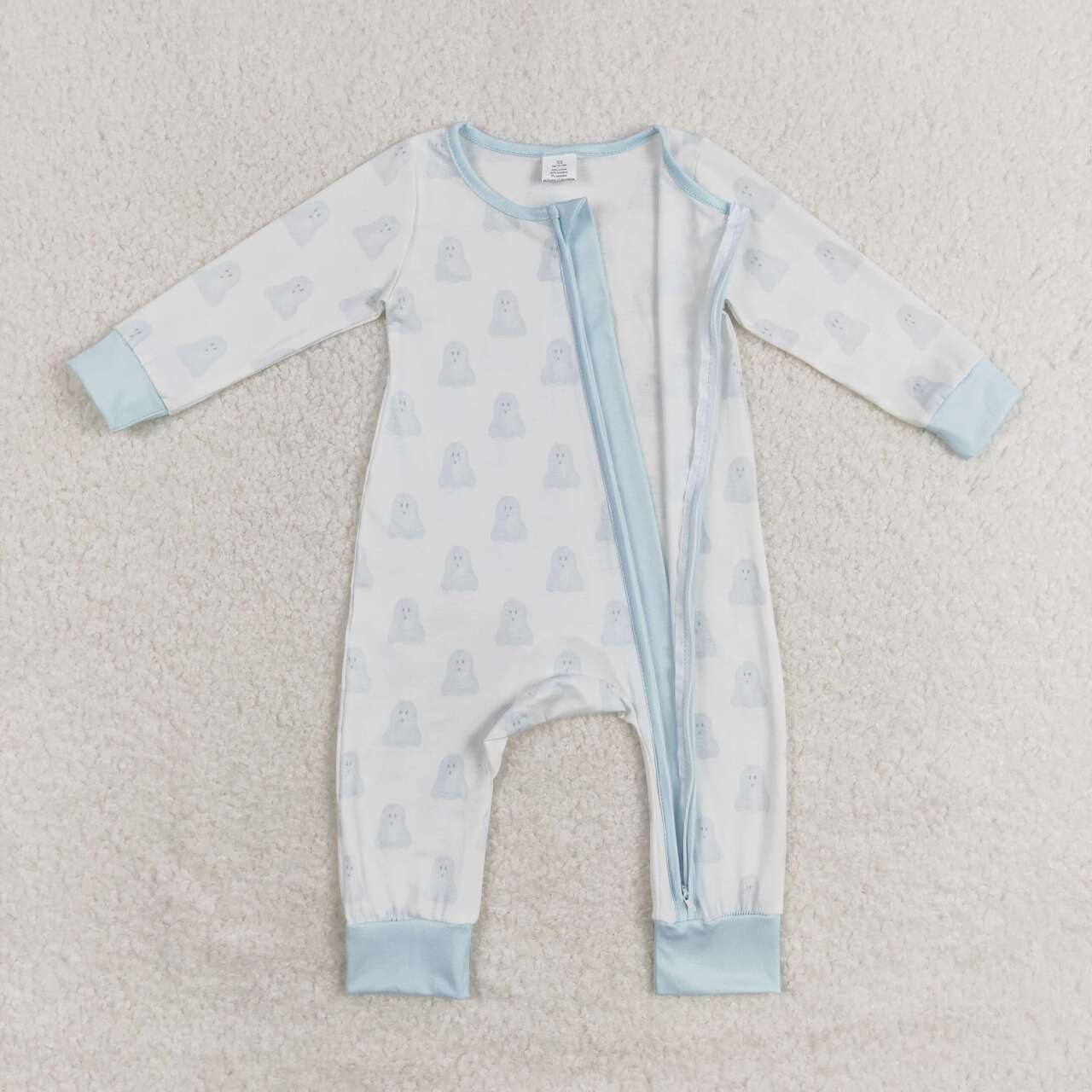 LR1125 Blue Ghost Print Baby Boys Halloween Bamboo Sleeper Zipper Romper