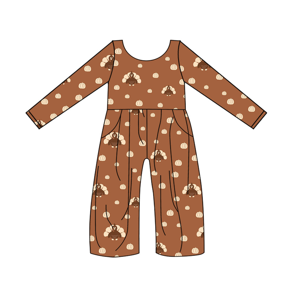 (Pre-order)LR1138 Turkey Pumpkin Print Pocket Girls Fall Jumpsuits