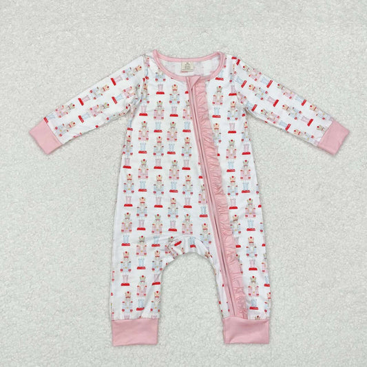 USA-Shop LR1185 Nutcracker Soldier Pink Print Baby Girls Christmas Bamboo Zipper Sleeper Romper