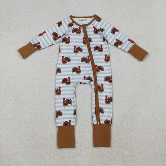 LR1191 Turkey Stripes Print Baby Boys Thanksgiving Sleeper Zipper Romper