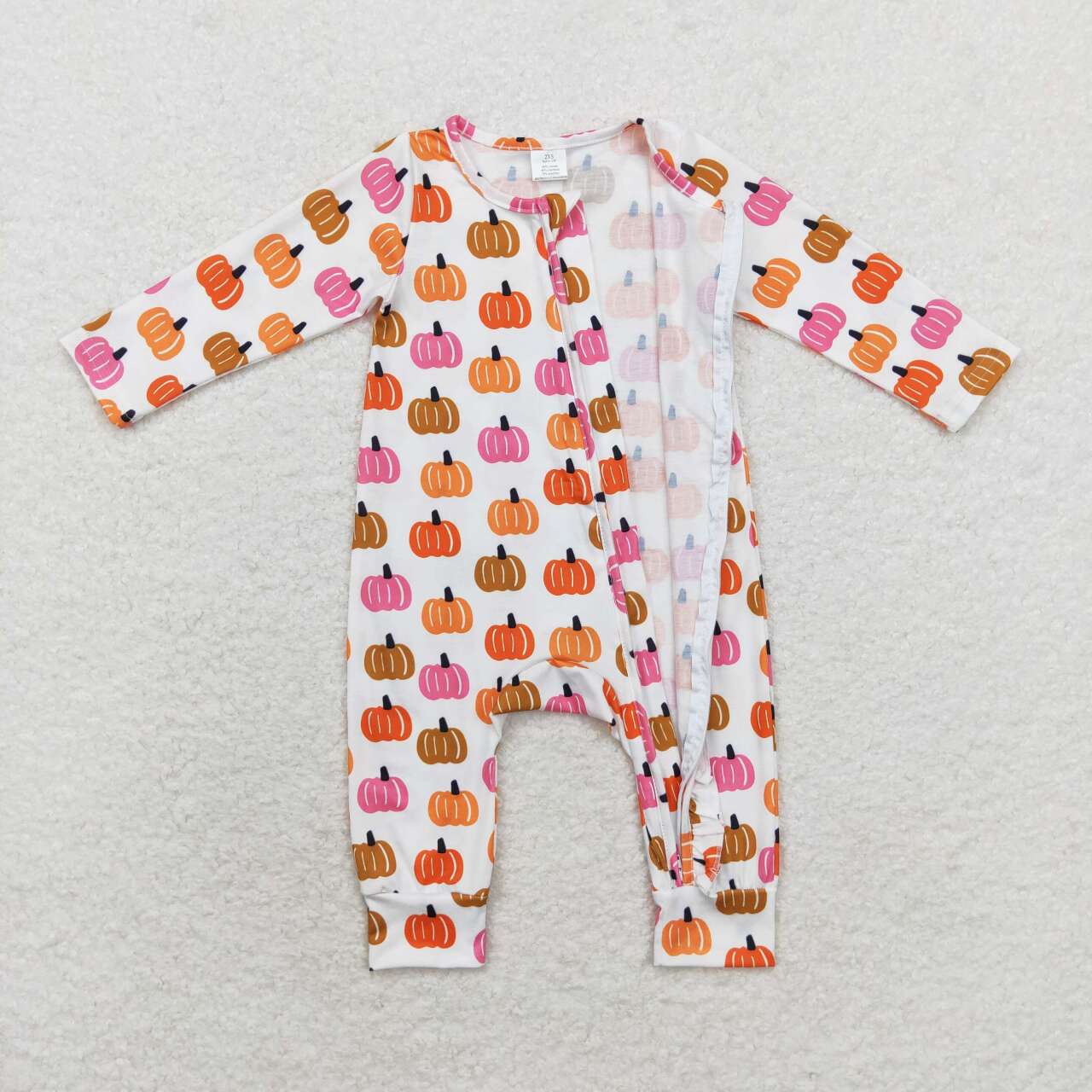 LR1219 Pink Pumpkin Print Baby Girls Fall Bamboo Sleeper Zipper Romper
