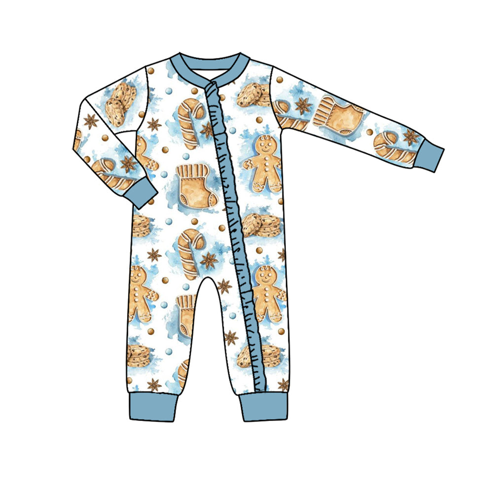 (Pre-order)LR1275 Gingerbread Cookie Blue Print Baby Girls Christmas Sleeper Zipper Romper