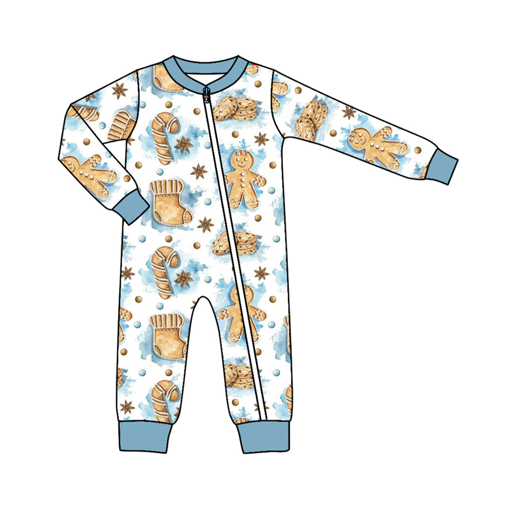 (Pre-order)LR1276 Gingerbread Cookie Blue Print Baby Boys Christmas Sleeper Zipper Romper