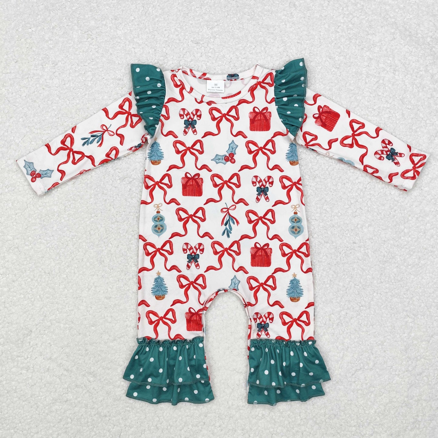 LR1285 Candy Cane Bows Print Baby Girls Christmas Romper