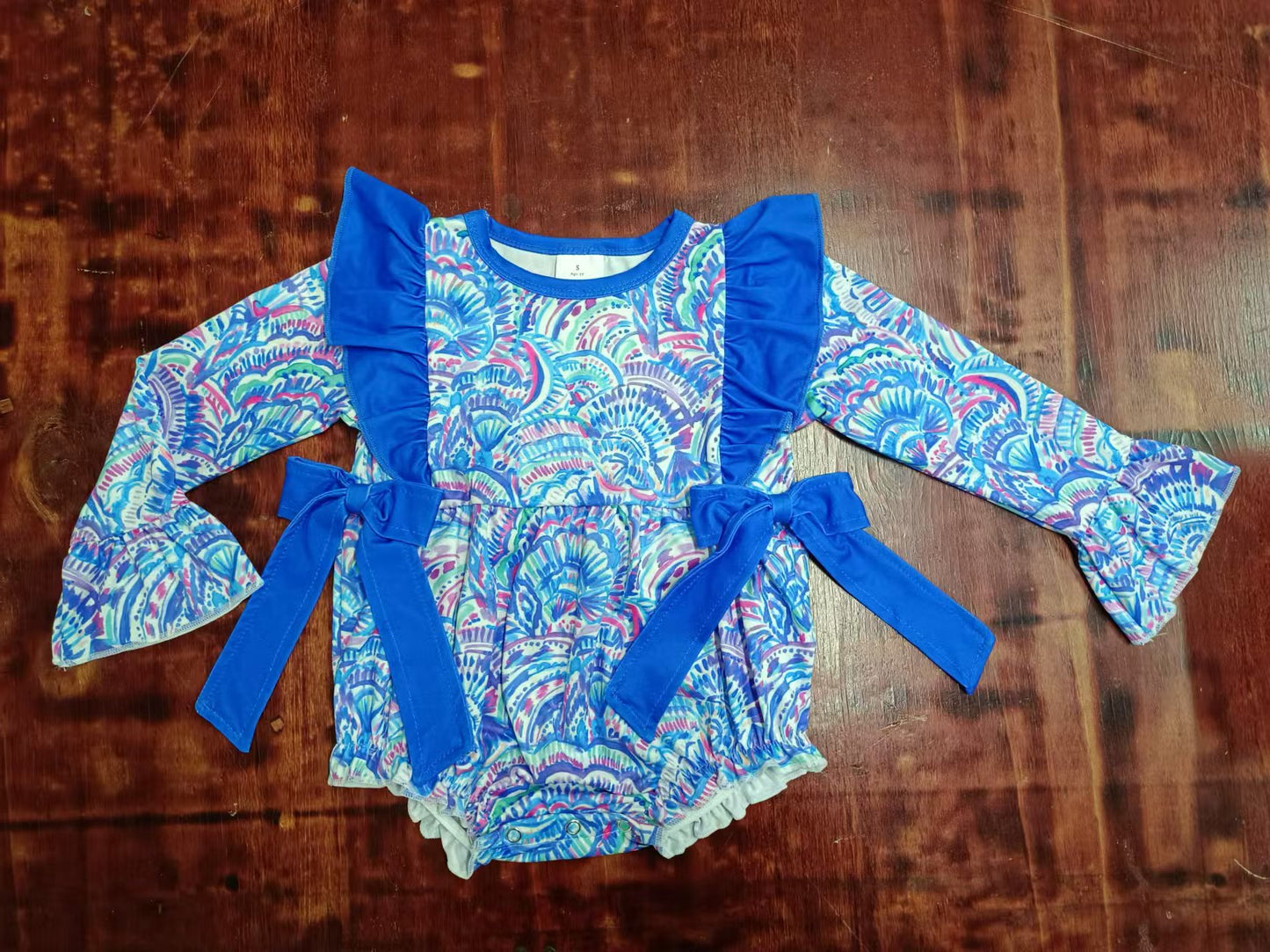 (Custom Design Preorder MOQ 3) Blue Shell Print Baby Girls Fall Romper