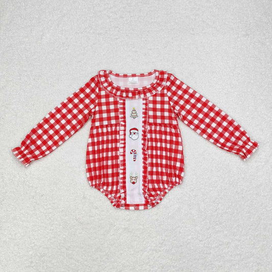 USA-Shop LR1302 Santa Candy Cane Embroidery Plaid Print Baby Girls Christmas Romper