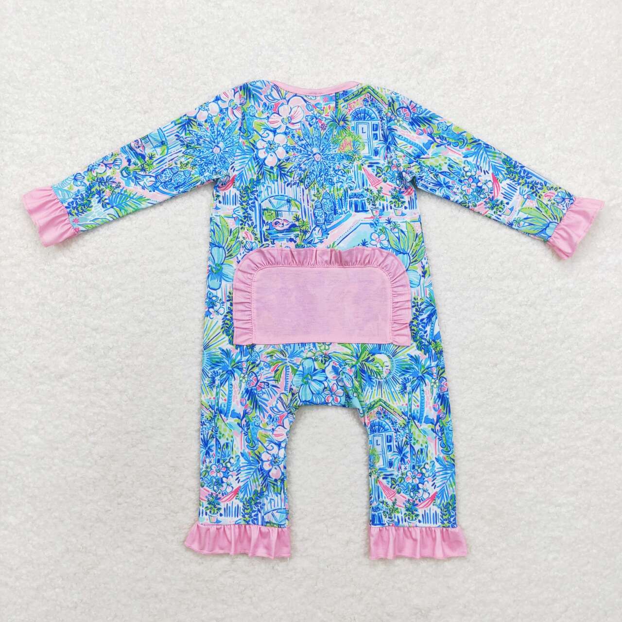 LR1339 Blue Flowers House Print Baby Girls Fall Bamboo Sleeper Zipper Romper