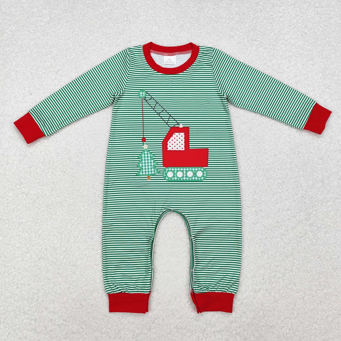 LR1402 Crane Tree Green Stripes Print Baby Boys Christmas Romper