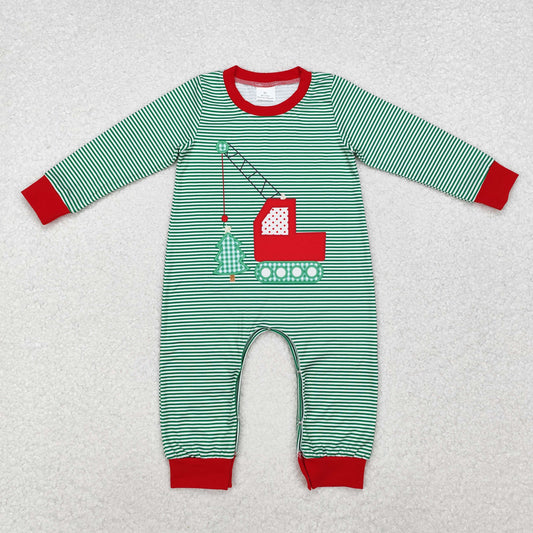 LR1402  Crane Tree Green Stripes Print Baby Boys Christmas Romper