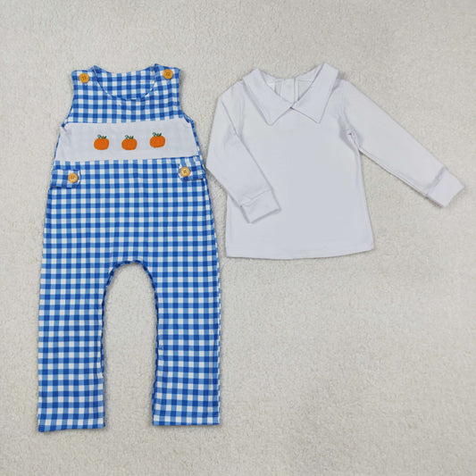 LR1501 White Top Pumpkin Embroidery Blue Plaid Romper Baby Boys Fall 2 Pieces Clothes Set
