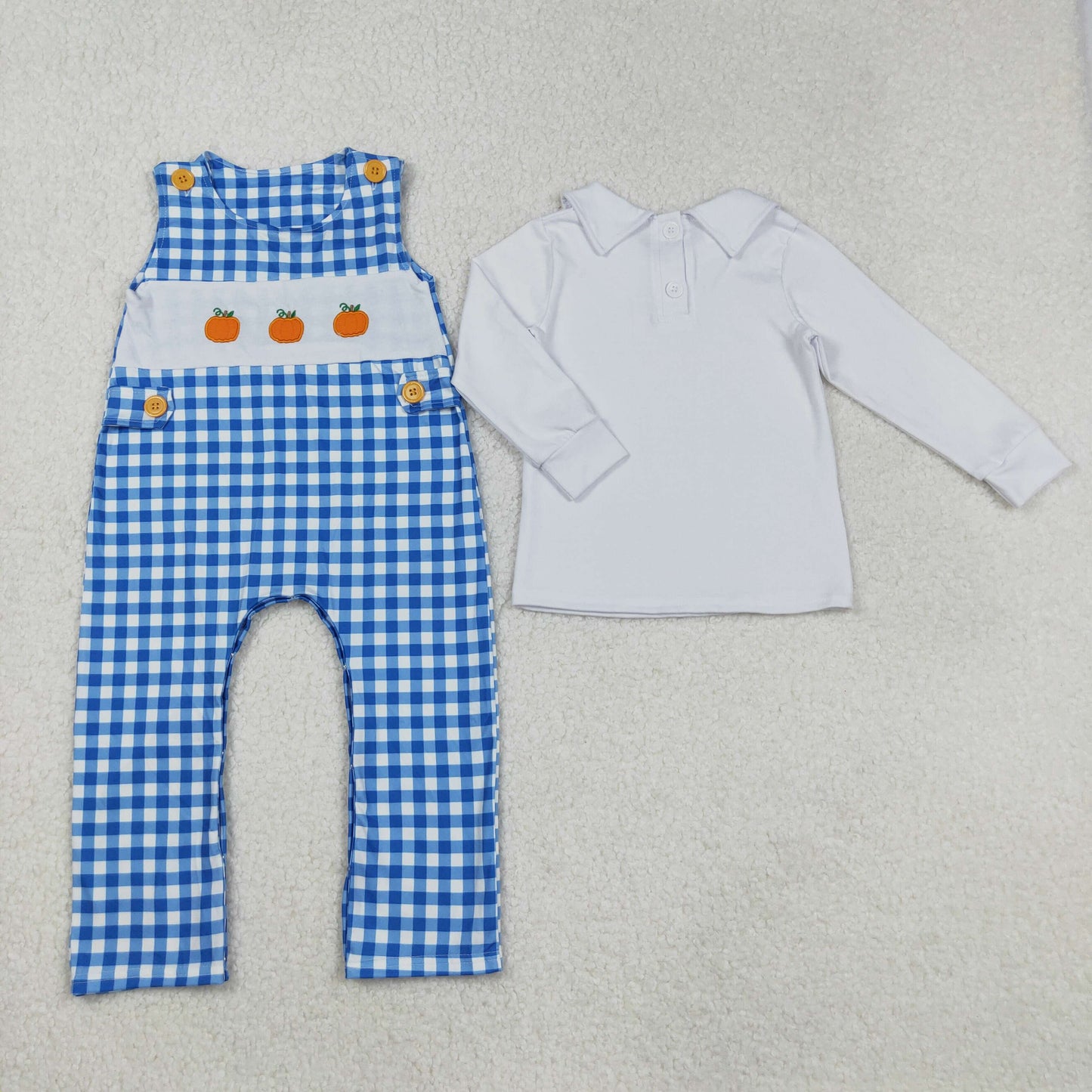 LR1501 White Top Pumpkin Embroidery Blue Plaid Romper Baby Boys Fall 2 Pieces Clothes Set