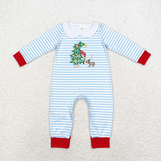LR1564 Tree Embroidery Blue Stripes Print Baby Boys Christmas Romper