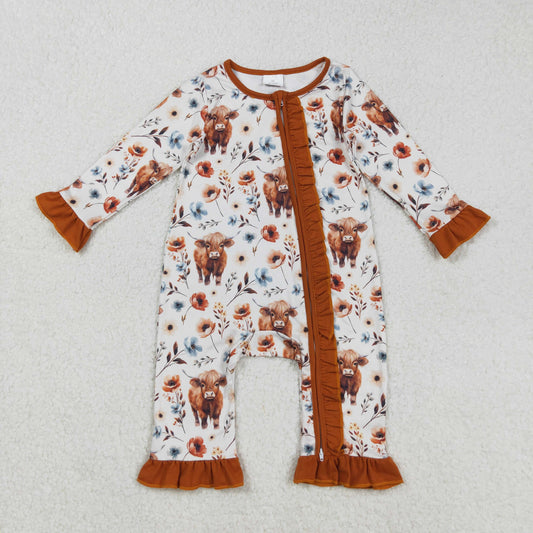 LR1624 Highland Cow Flowers Print Baby Girls Fall Sleeper Zipper Romper