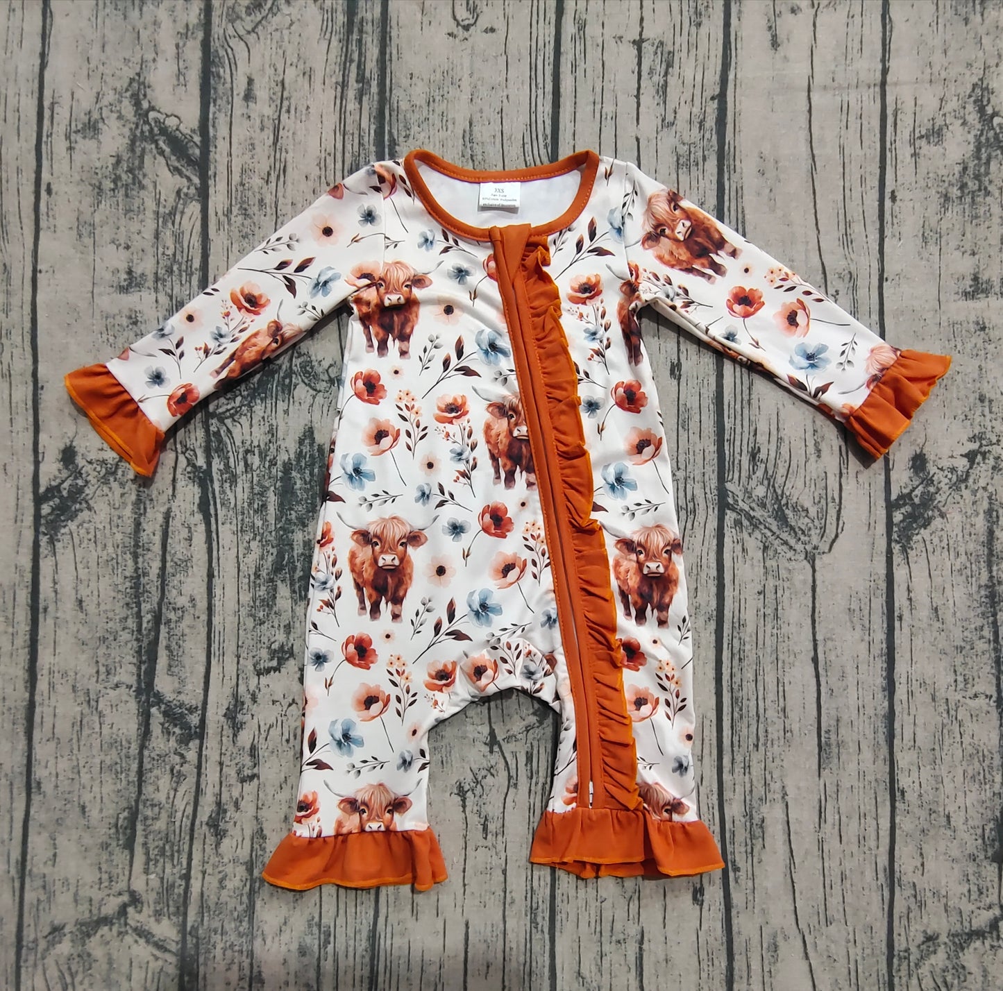 (Pre-order)LR1624 Highland Cow Flowers Print Baby Girls Fall Sleeper Zipper Romper