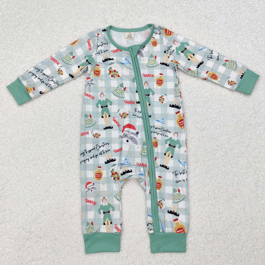 LR1641 Christmas Shelf Green Plaid Print Baby Boys Christmas Bamboo Sleeper Zipper Romper