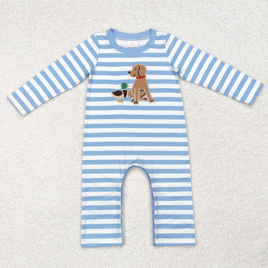 LR1644 Dog Duck Embroidery Blue Stripes Print Baby Boys Fall Romper