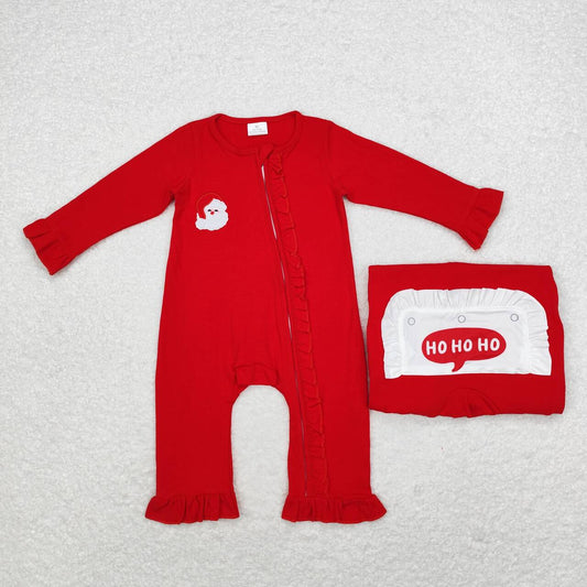 USA-Shop LR1668 Santa Embroidery Red Color Baby Girls Christmas Ruffle Sleeper Zipper Romper